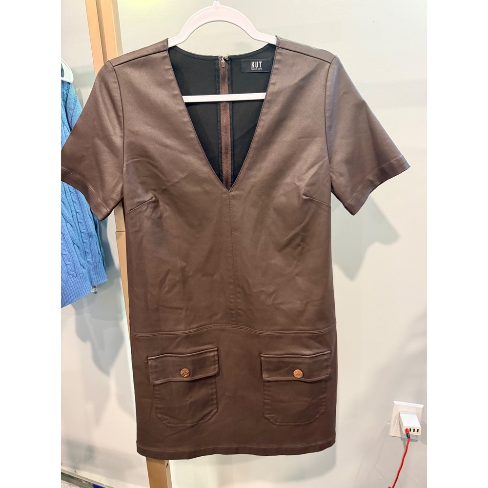 KUT from the Kloth Emilia Faux Leather V-Neck Mini Shift Dress Brown Chocolate